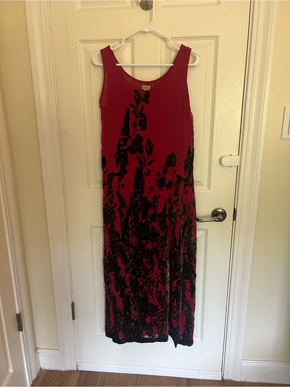 Sleeveless silk Red Maxi Dress with Black and green Floral velvet accents